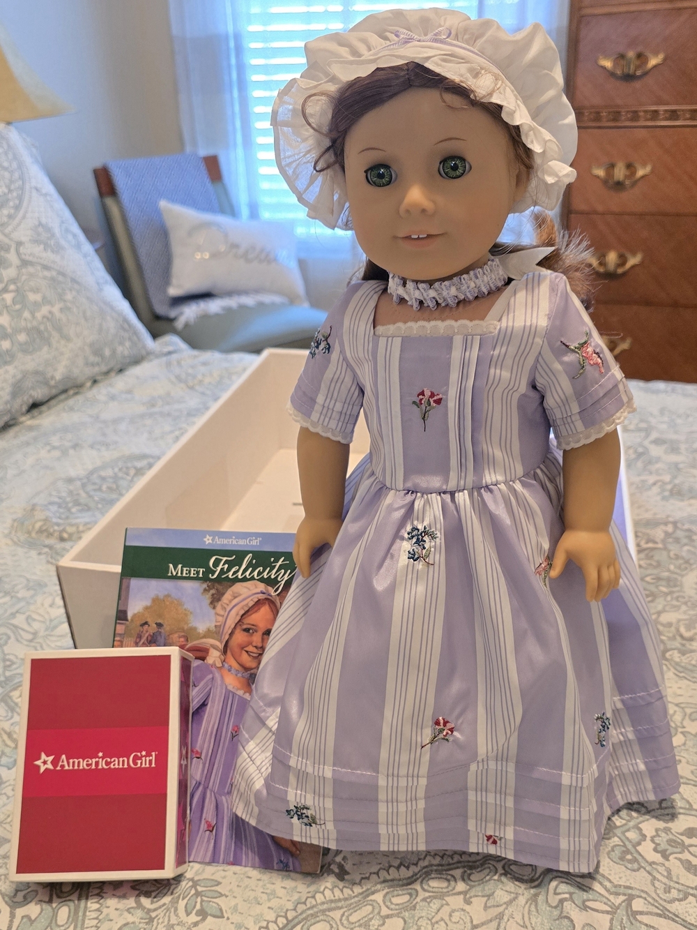American Girl Felicity Doll in Lavender Striped Embroidered Dress and Bonnet